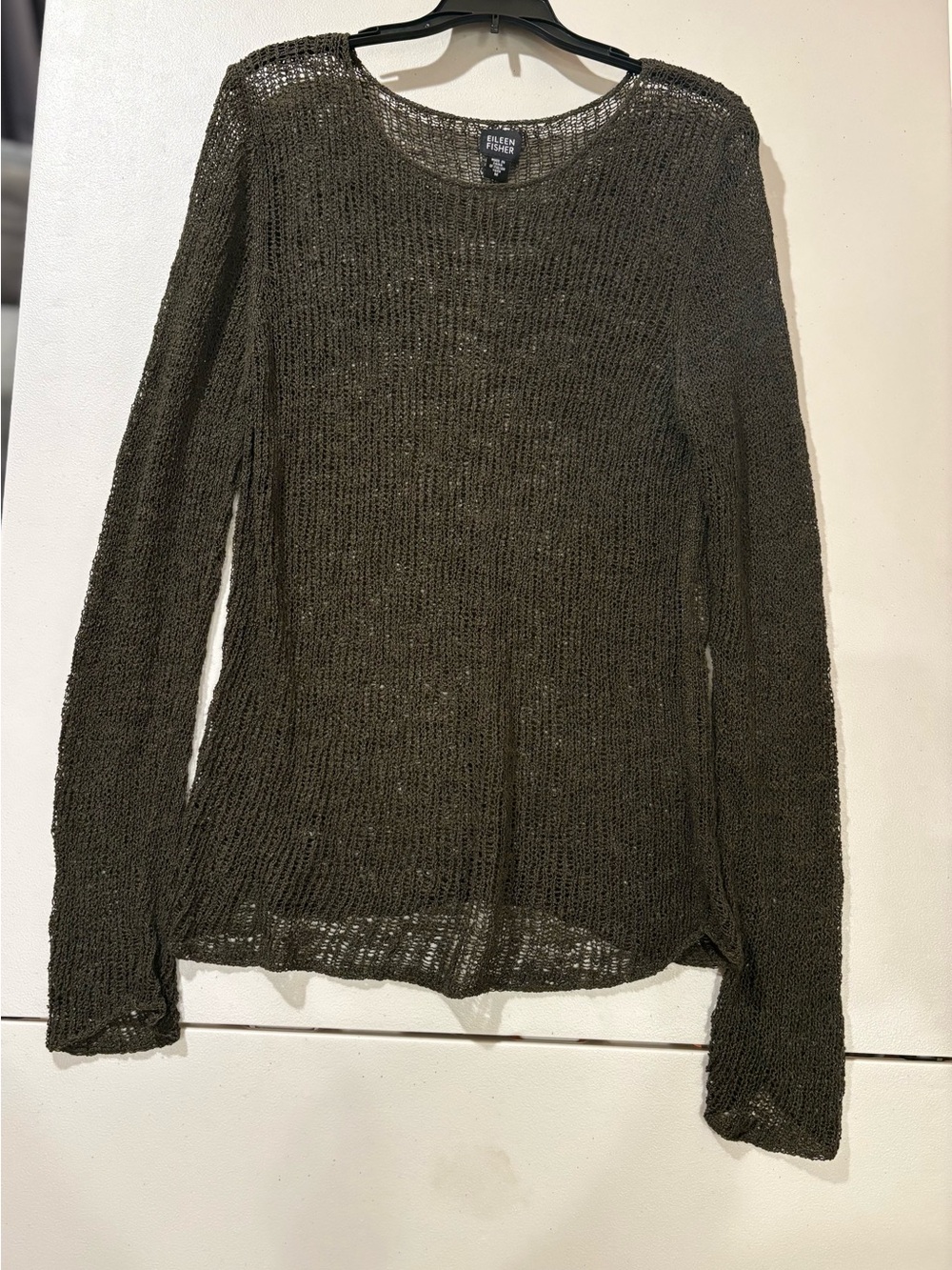 Eileen Fisher Olive Open-Knit Crewneck Sweater - Picture 2 of 6